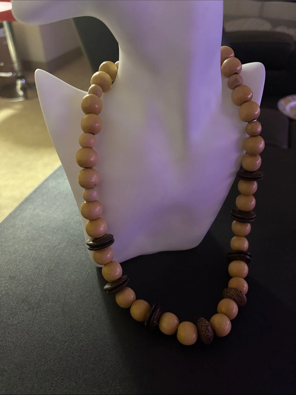 Natural Wood Bead Necklace - Beige and Brown -
